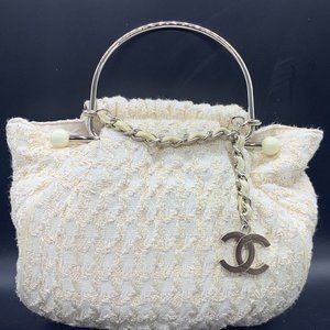 AUTHENTIC CHANEL TWEED BOUCLE SILVER CC LOGO TOP HANDLE CHAIN BAG HANDBAG PURSE